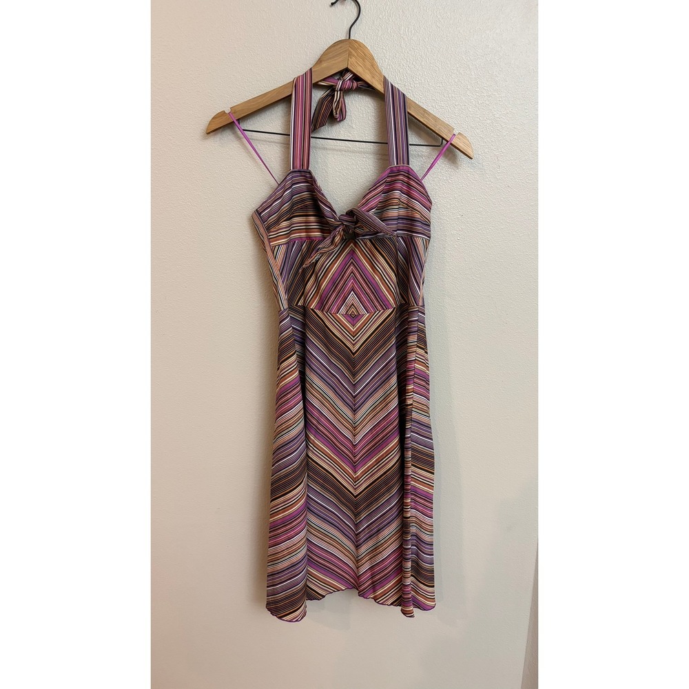 Trina Turk Halter Dress 6 Retro Psychedelic Striped Chevron Tie Front Mini